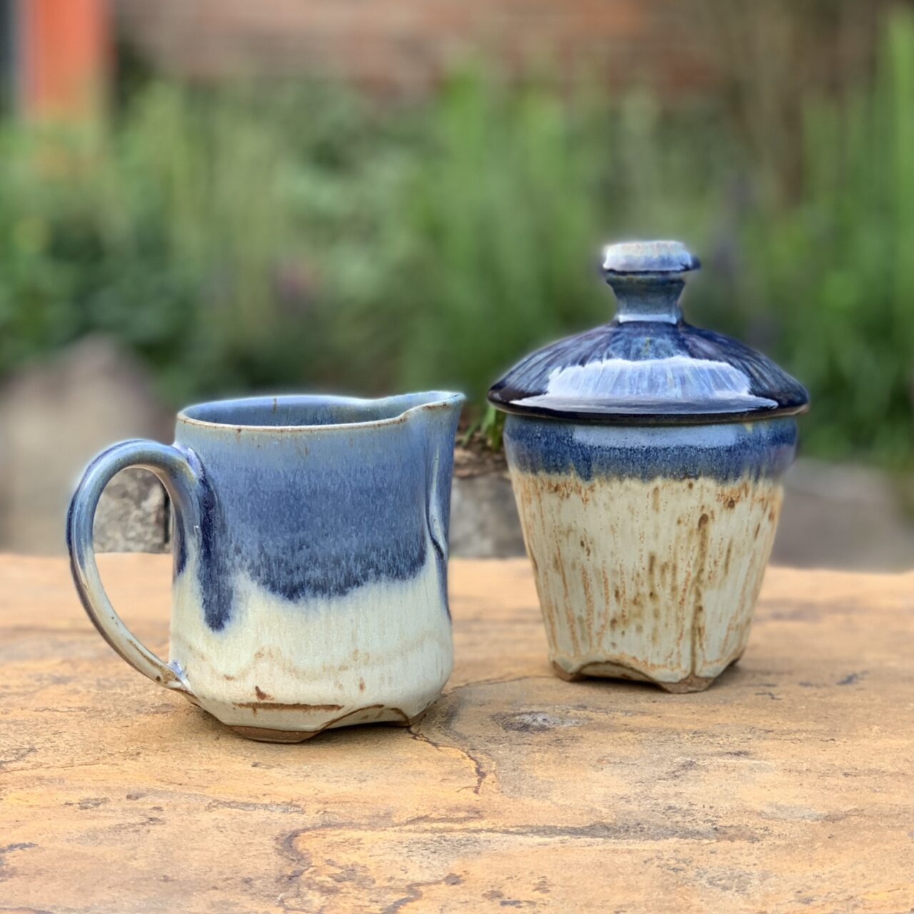 Julia Mann finished pots, creamer and sugar jar set, mama and blue texture glaze Julia Mann finished pots, creamer and sugar jar set, mama and blue texture glaze