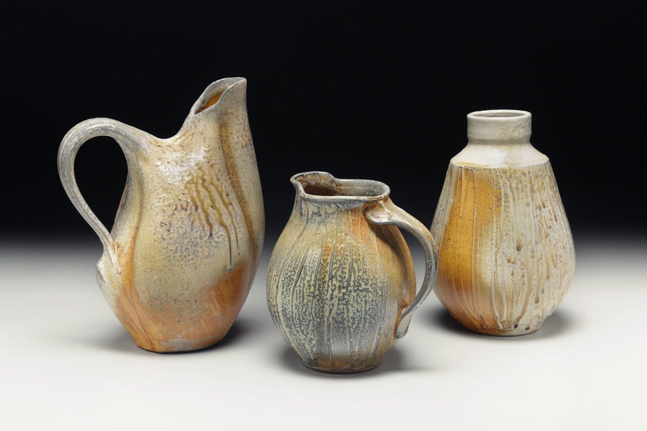 Sarah Wells Rolland finished pots, kazie soda wood fired, grouping, turmeric flashing slip Sarah Wells Rolland finished pots, kazie soda wood fired, grouping, turmeric flashing slip