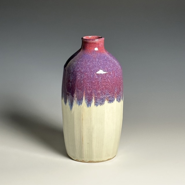 Julia Mann finished pot, bottle vase glazed in plum chun and mamo Julia Mann finished pot, bottle vase glazed in plum chun and mamo