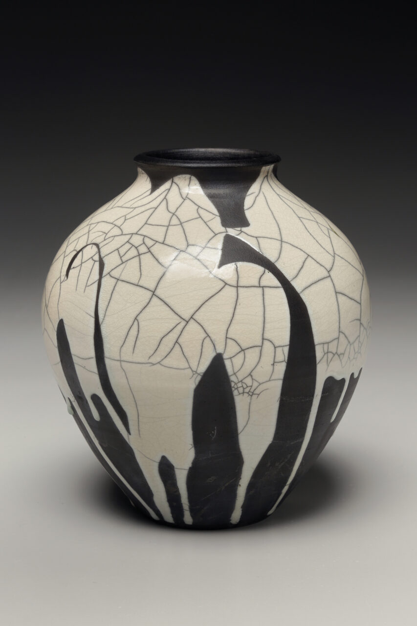 Judi Harwood finished pot, raku crackle glaze Judi Harwood finished pot, raku crackle glaze
