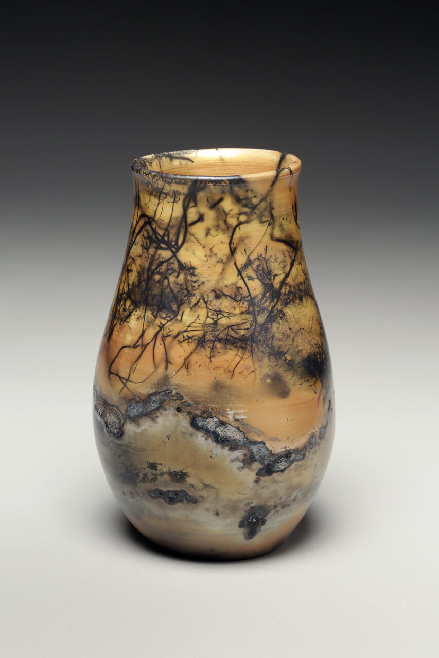 Judi Harwood finished pot, sagger fired warm landscape Judi Harwood finished pot, sagger fired warm landscape