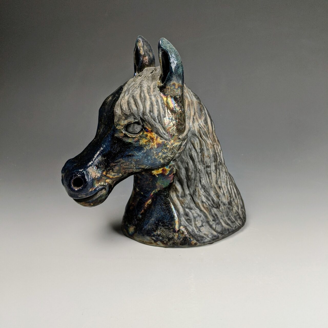 Judi Harwood raku fired sculpted horse head, finished pot Judi Harwood raku fired sculpted horse head, finished pot