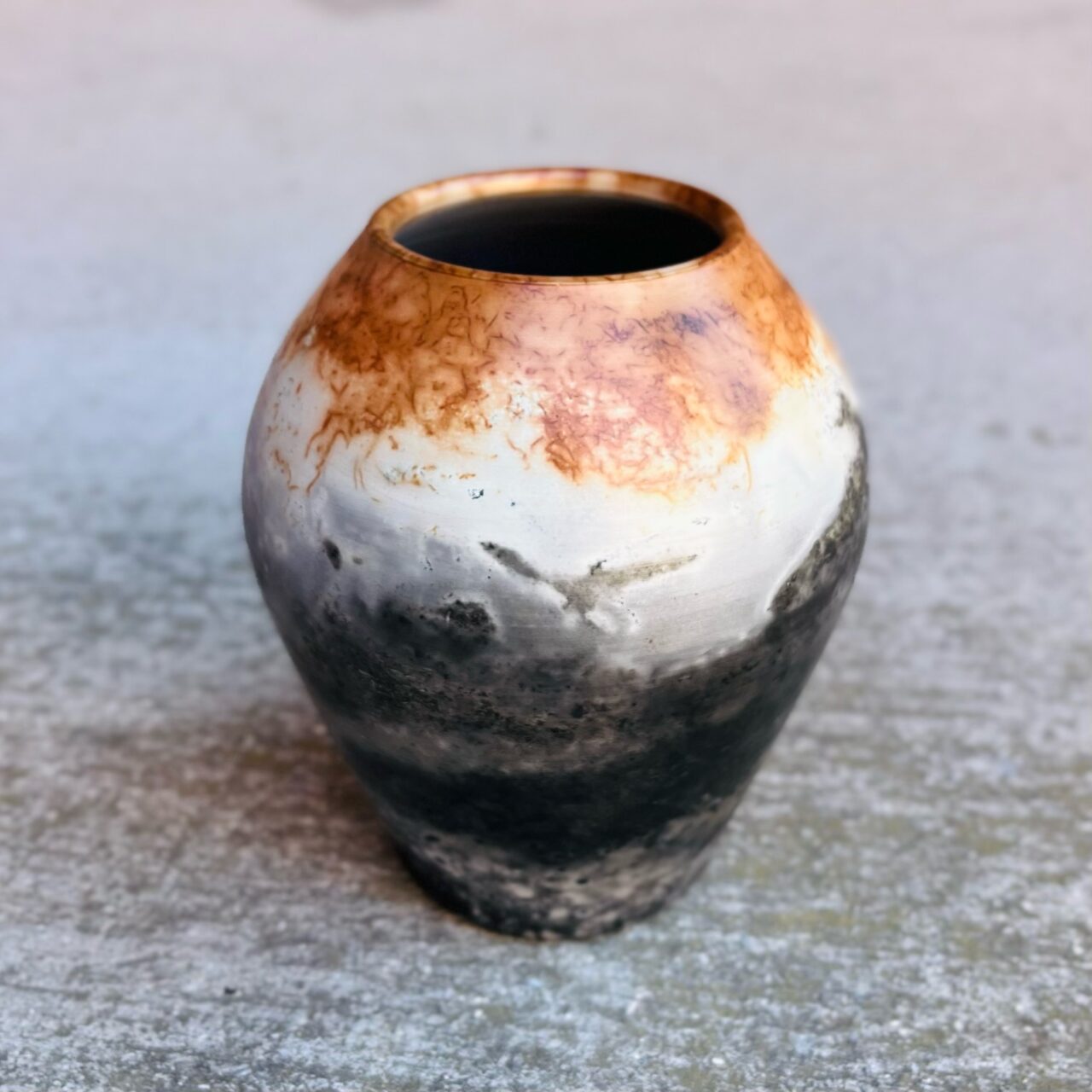 Judi Harwood finished pot, sagger fired, eagle, landscape Judi Harwood finished pot, sagger fired, eagle, landscape