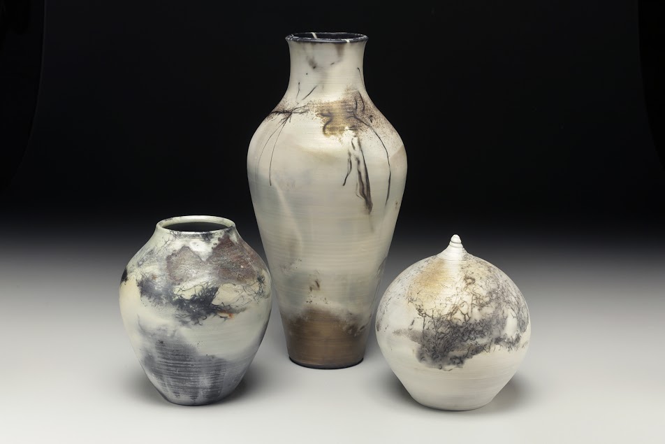 Judi Harwood finished pots, sagger fired trio Judi Harwood finished pots, sagger fired trio