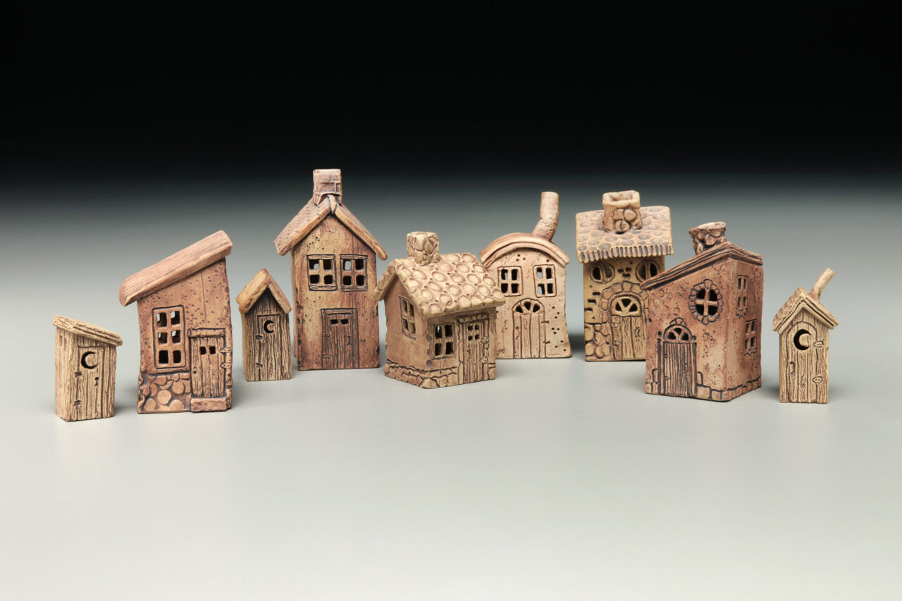 Karen Dubois finished pots, hand built small houses grouping Karen Dubois finished pots, hand built small houses grouping
