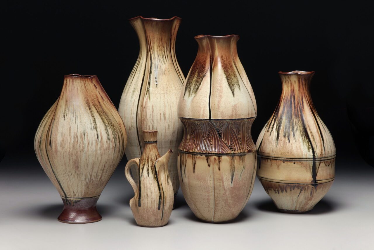 Sarah Wells Rolland large pot grouping, altered vessels, honey matte and leach black glaze Sarah Wells Rolland large pot grouping, altered vessels, honey matte and leach black glaze