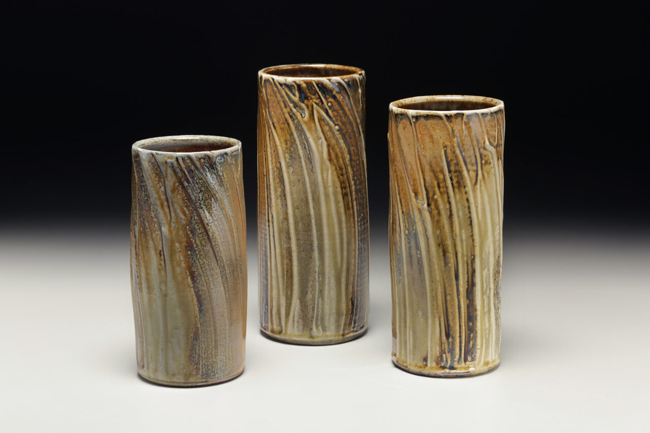Sarah Wells Rolland finished pots grouping trio, cylinder vases, wood soda kazie fired, seagrass slip Sarah Wells Rolland finished pots grouping trio, cylinder vases, wood soda kazie fired, seagrass slip