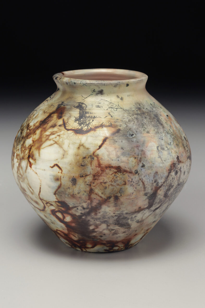 Judi Harwood finished pot, sagger fired, round vessel Judi Harwood finished pot, sagger fired, round vessel