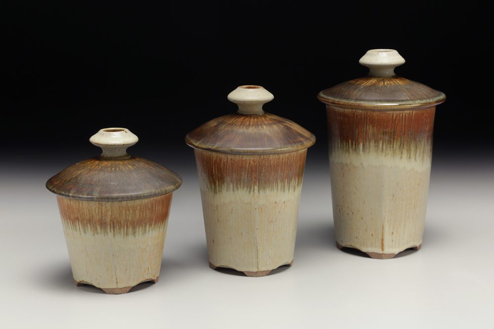 Julia Mann finished pot jar grouping trio, mamo and tea dust glaze Julia Mann finished pot jar grouping trio, mamo and tea dust glaze